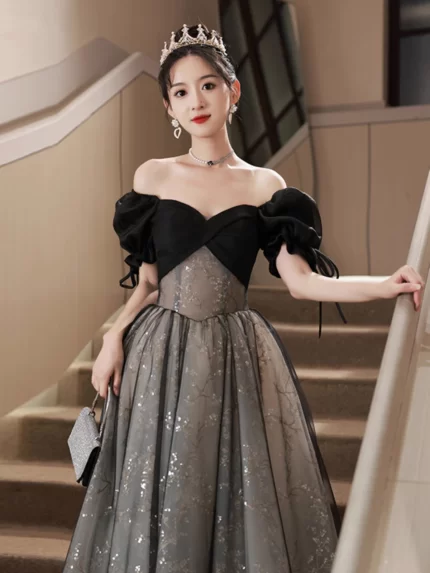 Elegant Hepburn-Style Evening Dress with Puff Sleeves and Square Neckline - Slimming Black and Grey Design